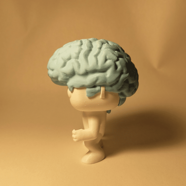 Una fotografía de estilo "lifestyle" cuidada, donde Brainvis está colocado en una estantería de diseño minimalista junto a objetos de arte y libros de arquitectura.