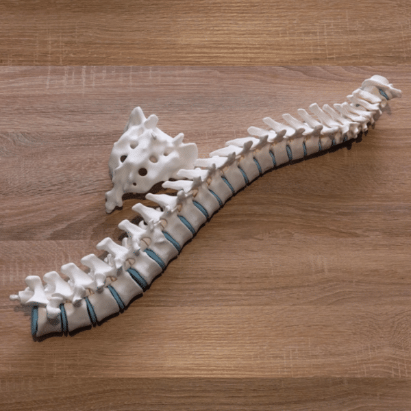 Manos pasando un cordón flexible a través del canal medular de las vértebras, en proceso de ensamblar el modelo anatómico.