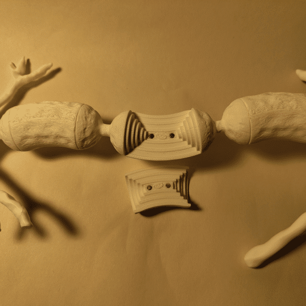 Vista detallada de una maqueta de neurona destacando la vaina de mielina amarilla recubriendo el axón y las terminaciones sinápticas.